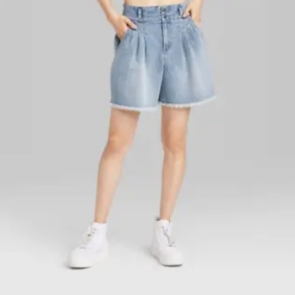 WILD Fable Womens Highest Rise A-Line Denim Shorts Pleated Raw Hem Lt. Blue - Picture 2 of 11